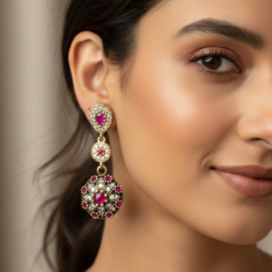 Victorian Style Ruby & Zircon Dangling Earrings - 40mm Drop Silver 925 Gold Box