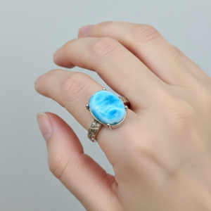 Originale Larimar 15x12mm Ovale Anello Argento - UK Dimensioni Q / US 8 -