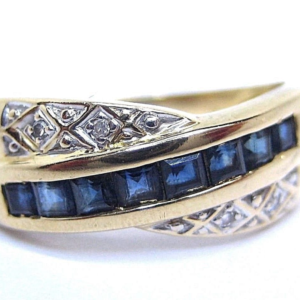 Blue Sapphires 0.24ct & Diamonds 0.08ct. Yellow Gold 18ct. UK Ring Size L
