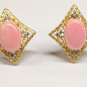 Pink Shell & Zircons 27X24.5mm Stud Pin Clip Earrings Silver 925 Gold Plated Box