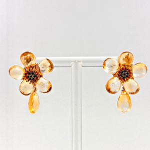 Citrine & Zircon 30x20mm Fleur Boucles D'Oreilles Argent 925 Plaqué Or