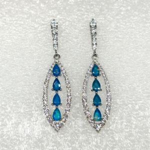 Neuf Bleu Opale & Zircon Pendant 44.00mm Boucles Argent Sterling 925 - Boîte