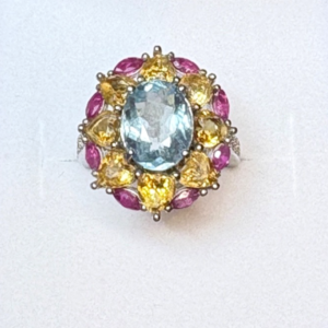 Aigue-Marine,Citrine & Rubis Réglable Argent 925 Bague UK Taille L - USA 5.5