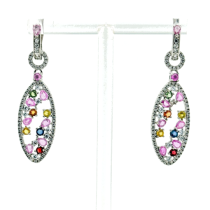 Colourful Sapphires Dangling Earrings 30mm x 16.8mm Silver 925 with Box