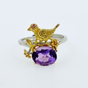 Amethyst & Ruby Adjustable Silver 925 Bird Ring UK Size O-USA7 Certificate & Box