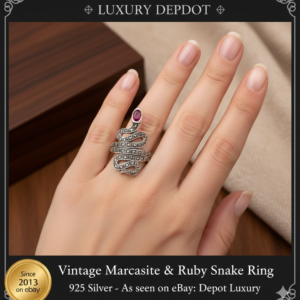 ❤️ Natural  Ruby Snake & Marcasite Ring Silver 925 UK Size P/ US 8 - Box