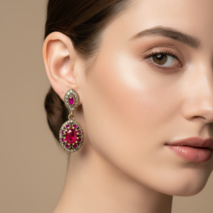 Agate Rouge, Rubis & Zircons 35x13mm Pendant Oreilles Argent 925 Plaqué Or 12.9g