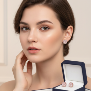 Pink Quartz & Zircon Stud 13.39mm Earrings Solid 925 Rose Gold Plated & Box