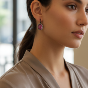 Strawberry Cabochon Quartz & Zircon Hoop Earrings in Black Rhodium Silver 925
