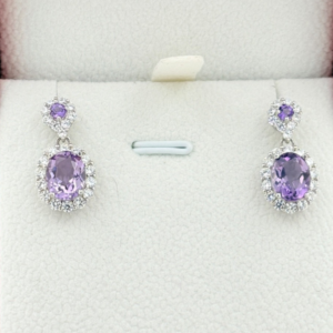 Améthyste & Zircon Pendant Oreilles 22mm x 11mm Argent 925 Certificat avec Boîte