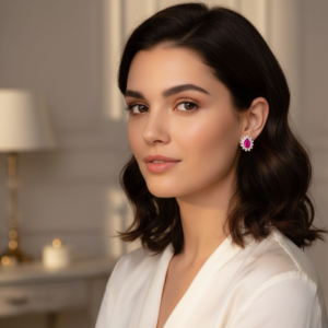 Rubis & Zircon Clous Argent Sterling 925 Plaqué Or Oreilles 13mm x 10.7mm Boîte