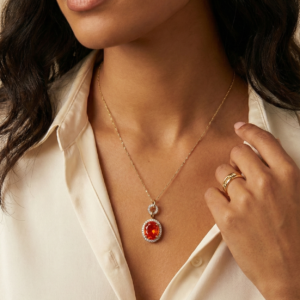 14K Gold Mandarine Red Garnet & Diamond Pendant 2.60ct Gemstone Necklace