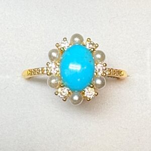 Turquoise, Perle & Zircon Réglable Argent 925 Bague Plaqué Or Taille UK O-Usa 7