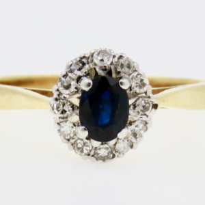 Sapphire 0.40ct. & Diamond 0.60ct. Yellow Gold 18ct. Cluster Ring UK Size O 1/2